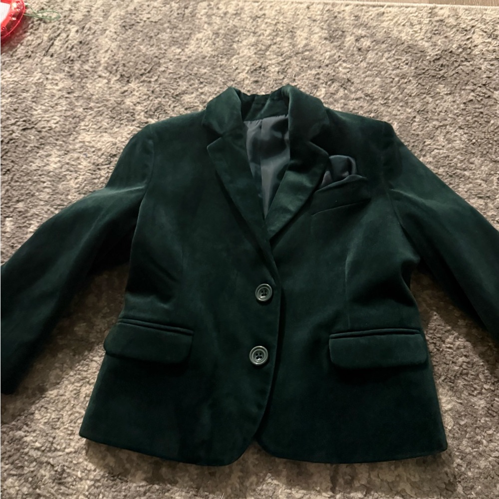 Kids Elegant Dark Green Velvet Blazer Suit Set